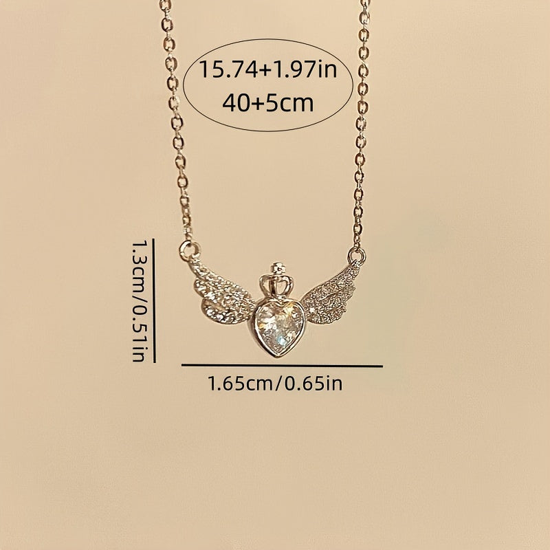 Elegant Angel Wings With Synthetic Gem Heart Pendant Necklace, Simple Style Crown Decor Ladies Fashion Jewelry