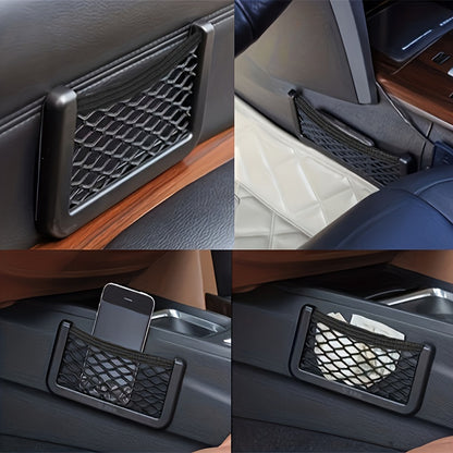 Versatile Car Storage Net Box - No-Drill, Black Plastic Organizer For Small Items & Phone Holder, Essential Car Interior Accessory