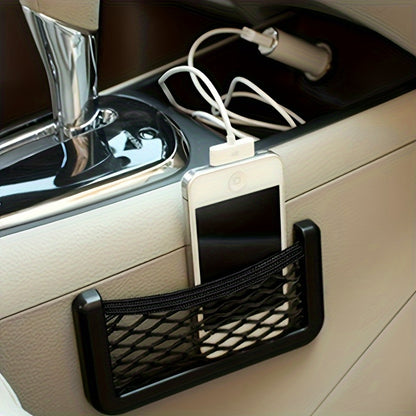 Versatile Car Storage Net Box - No-Drill, Black Plastic Organizer For Small Items & Phone Holder, Essential Car Interior Accessory