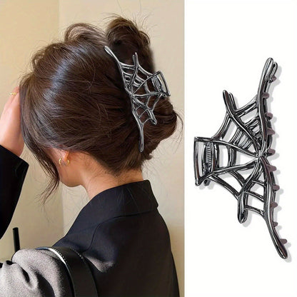 New 2024 Halloween Spider Web Hair Claw Clips For Women Jewelry Accessories Black Silvery Golden Large Metal Barrette Party Headwear