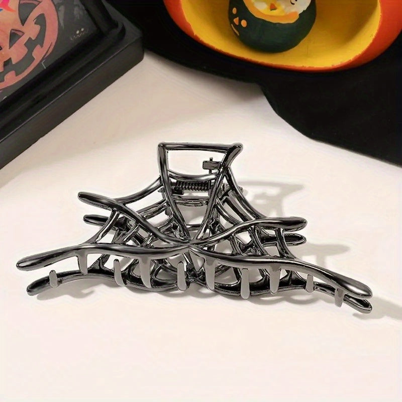 New 2024 Halloween Spider Web Hair Claw Clips For Women Jewelry Accessories Black Silvery Golden Large Metal Barrette Party Headwear