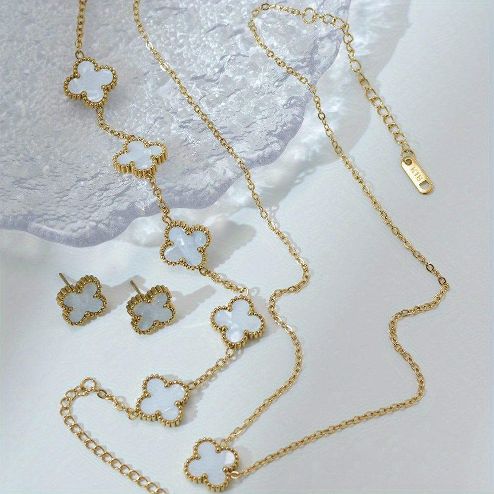 Elegant Golden-Tone Four-Leaf Clover Jewelry Set With White Mother Of Pearl Accents - Necklace, Bracelet & Earrings For Women Jewelry For Women Necklaces For Women