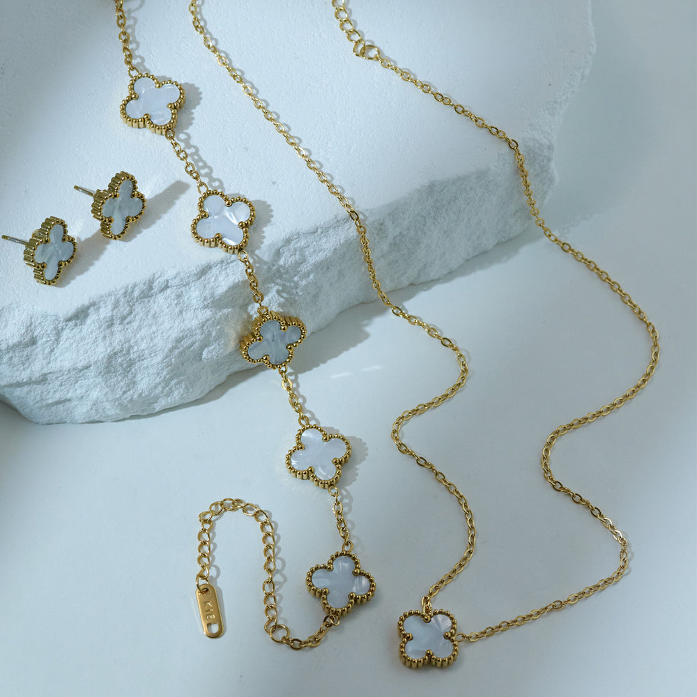 Elegant Golden-Tone Four-Leaf Clover Jewelry Set With White Mother Of Pearl Accents - Necklace, Bracelet & Earrings For Women Jewelry For Women Necklaces For Women