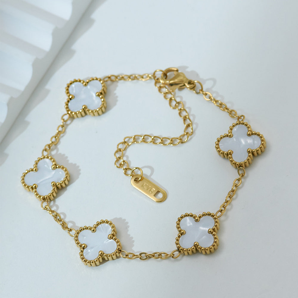 Elegant Golden-Tone Four-Leaf Clover Jewelry Set With White Mother Of Pearl Accents - Necklace, Bracelet & Earrings For Women Jewelry For Women Necklaces For Women
