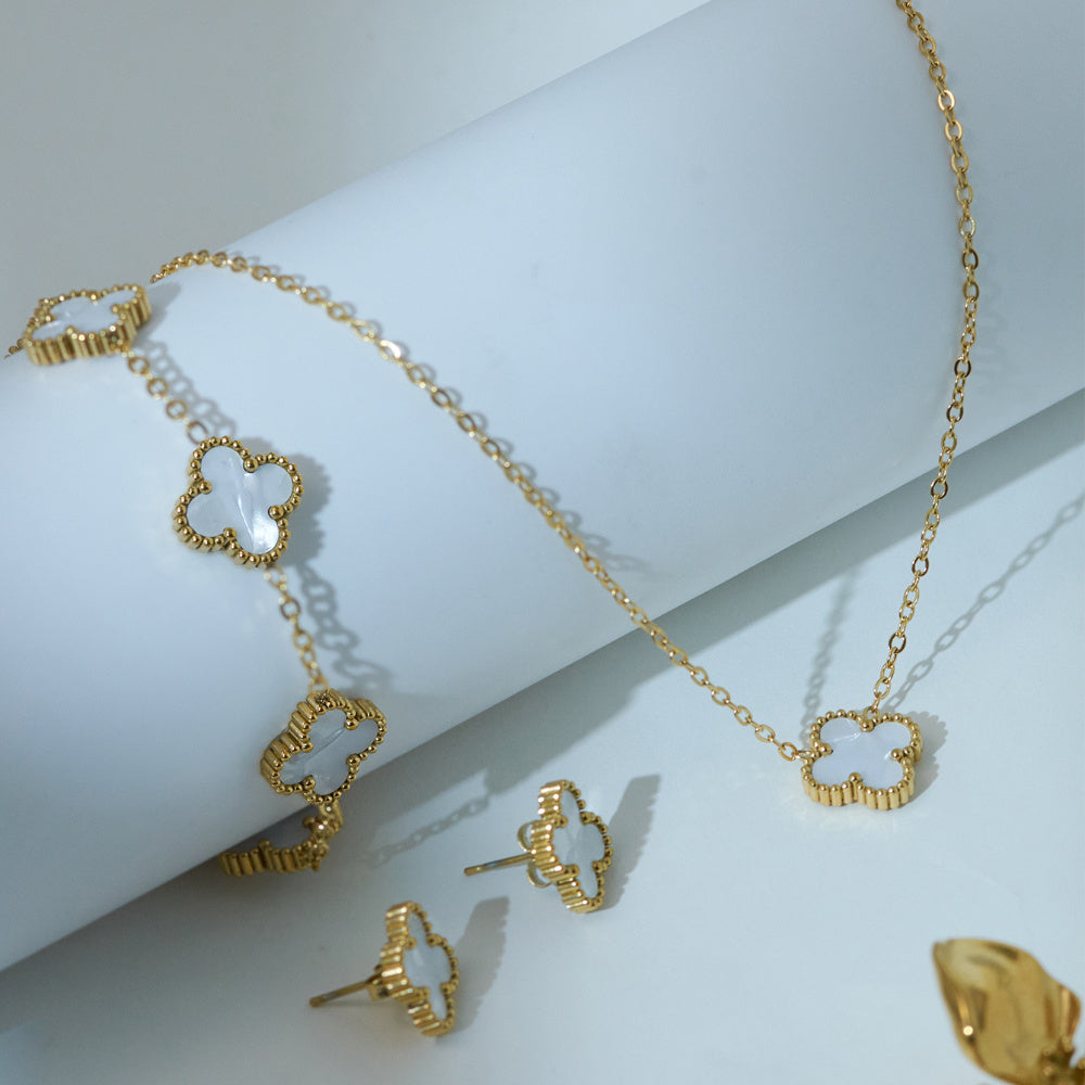 Elegant Golden-Tone Four-Leaf Clover Jewelry Set With White Mother Of Pearl Accents - Necklace, Bracelet & Earrings For Women Jewelry For Women Necklaces For Women