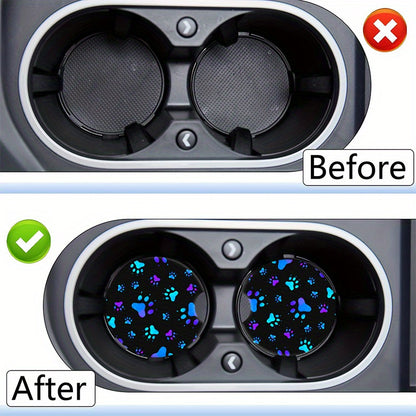 2-Pack Blue Dog Paw Car Cup Holder Coasters - Absorbent Rubber Decal Decor Accessories For Women & Men