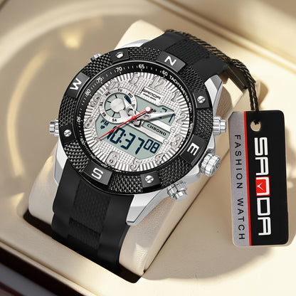 SANDA Men's Sports Watch, Analog Digital LED Electronic Quartz Men's Watch, Waterproof Alarm Stopwatch Countdown Week Multi-function Wristwatch Men's Birthday Holiday Gift 3308