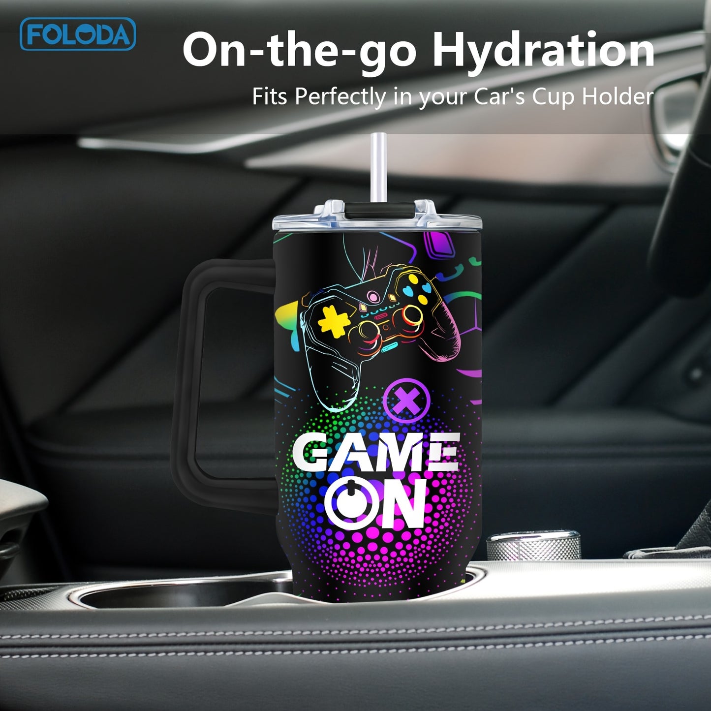 Foloda 1pc 40oz Gaming Mug Tumbler, Gamer Gifts For Men, Gifts For Gamers Men Boys, Cool Gaming Gift, Game Mug, Gifts For Game Lovers Stainless Steel Cup With Handle Lid Straw, Tumbler For Outdoor Camping Travel Accessories B