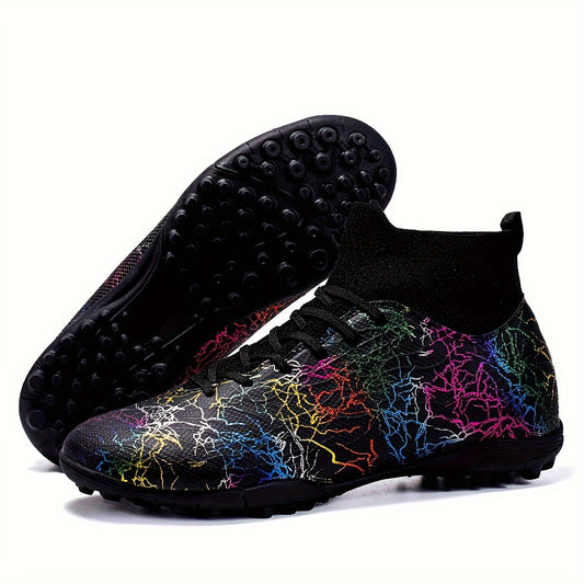 Men's Trendy Color Intrigue Striped TF Football Shoes With Collar, Professional Non Slip Durable Soccer Shoes For Outdoor Training Competition, All Seasons