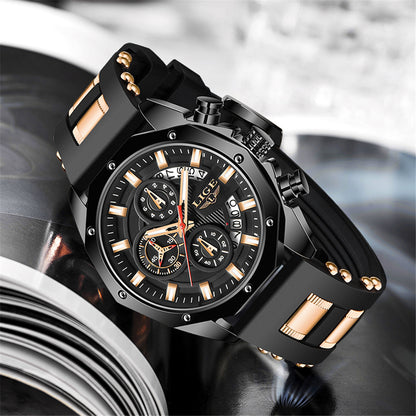 LIGE Mens Watches With Silicone Strap Sport Chronograph Quartz Watch