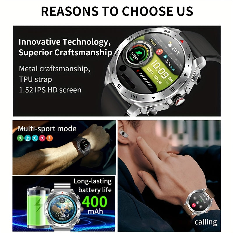 2025 New Men's 1.52-in-1 SmartWatch, Sports Device with TWS Earphones, Wireless Call, Outdoor Exercise SmartWatch, 400mAh Battery, Sleeping Men SmartWatch