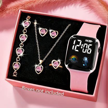 6pcs Women's Elegant & Cute Pink Smartwatch & Jewelry Set with Heart-Shaped Face, Interchangeable Strap, Necklace, Bracelet, Ring & Earrings - Digital Display Electronic Watch with Strap, Pink & Clear Bezel, Perfect for Daily