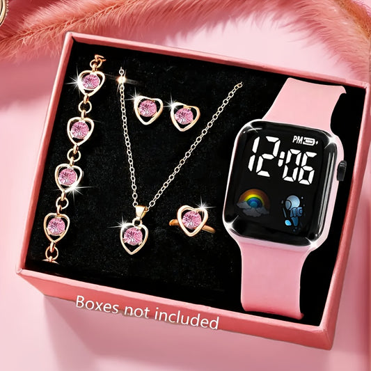 6pcs Women's Elegant & Cute Pink Smartwatch & Jewelry Set with Heart-Shaped Face, Interchangeable Strap, Necklace, Bracelet, Ring & Earrings - Digital Display Electronic Watch with Strap, Pink & Clear Bezel, Perfect for Daily