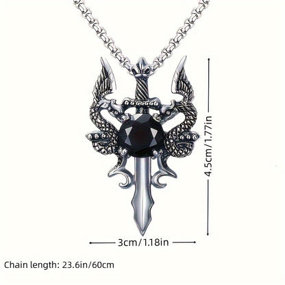 Gothic Knight Double Dragon Cross Sword Pendant Necklace - Vintage Punk Rock Style, Alloy with Black & Red Synthetic Gemstonestone Accents, Ideal for Couples, Parties & Gifts, Festive Jewelry|Punk Rock Jewelry|Intricate Craft