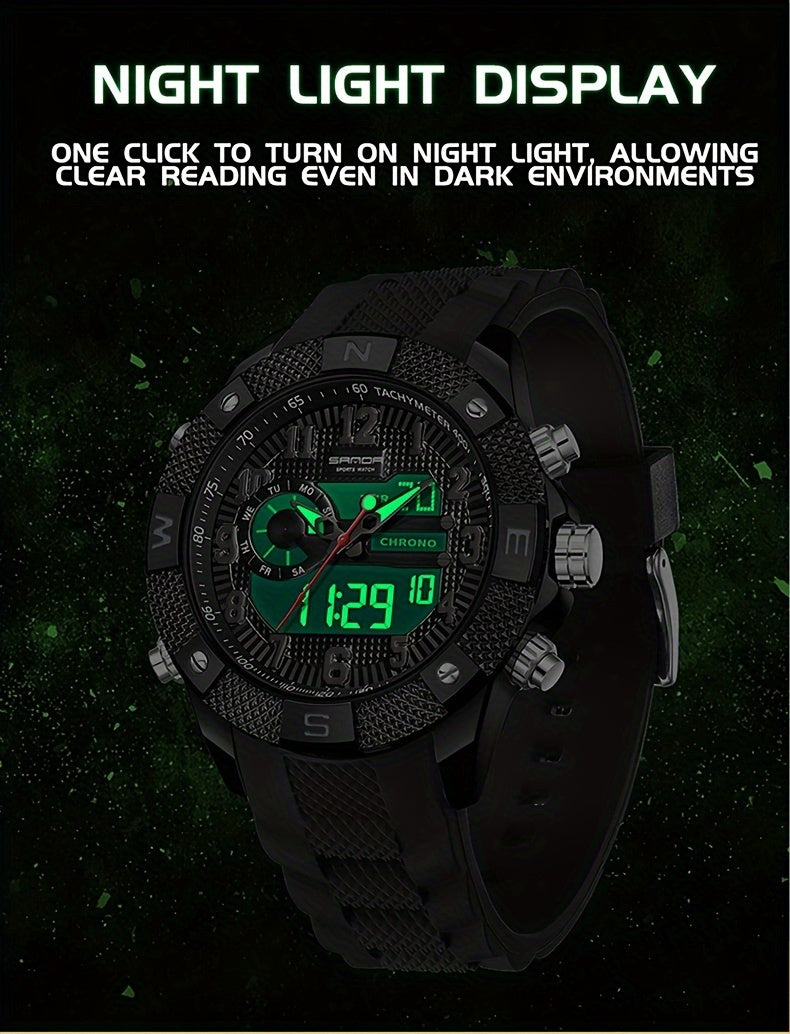 SANDA Men's Sports Watch, Analog Digital LED Electronic Quartz Men's Watch, Waterproof Alarm Stopwatch Countdown Week Multi-function Wristwatch Men's Birthday Holiday Gift 3308