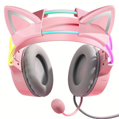 Gaming Headset RGB Lighting Head Beam Wired Headset Detachable Cat Ears Gaming Headset Flexible Mic Button Control Suitable Computer Earphones for PC Gamer
