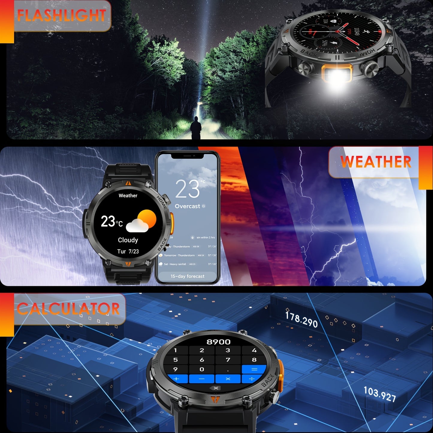 KE3 Sports Smart Watch for Men with Flashlight, LED Lighting, Answer/Make Calls, IPX8 Outdoor Sports Watch, Fitness Tracker, Pedometer, HD Touch Smartwatch, Smart Watches Compatible with iPhone And Android Phones