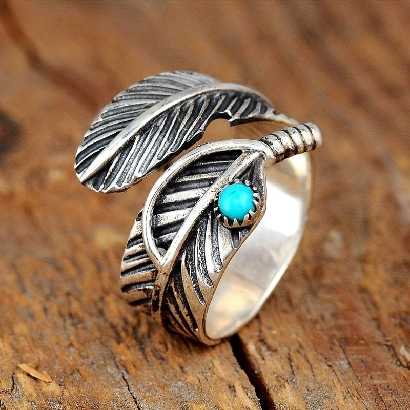 Vintage Feather Turquoise Open Ring Jewelry For Women