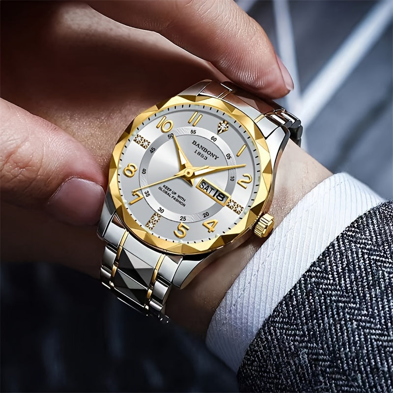 Banbony Men's Casual Stainless Steel Quartz Watch with Rhinestone Accents, Round Dial, Glow in Dark, Water-Resistant IPX7, Date Calendar Feature, Electronic Movement, Alloy Strap - Multifunctional Fashion Watch for Daily, Tra