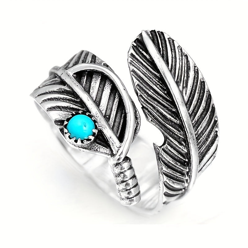 Vintage Feather Turquoise Open Ring Jewelry For Women