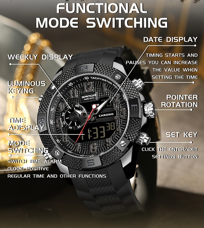 SANDA Men's Sports Watch, Analog Digital LED Electronic Quartz Men's Watch, Waterproof Alarm Stopwatch Countdown Week Multi-function Wristwatch Men's Birthday Holiday Gift 3308