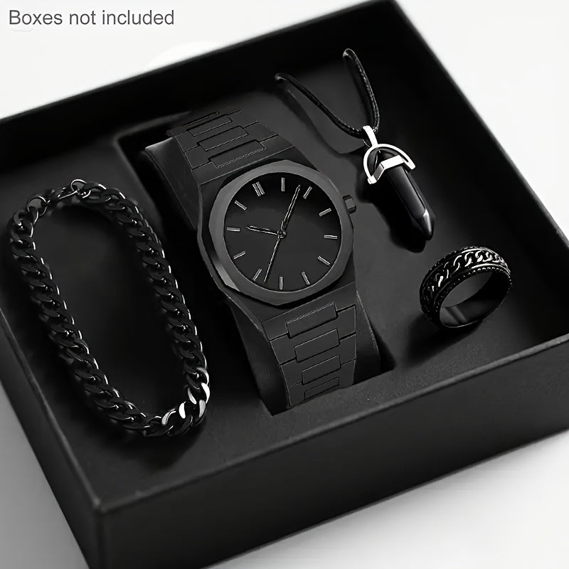 4pcs Modern Minimalist Black Quartz Watch Set - Roman Numeral Dial, Unisex Business & Casual Watches with Silicone Strap, Elegant Gift Box Included for Men & Women - Affordable Luxury Analog Watches for Everyday & Special Occ