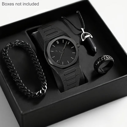 4pcs Modern Minimalist Black Quartz Watch Set - Roman Numeral Dial, Unisex Business & Casual Watches with Silicone Strap, Elegant Gift Box Included for Men & Women - Affordable Luxury Analog Watches for Everyday & Special Occ