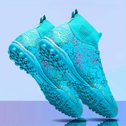 Men's Trendy Color Intrigue Striped TF Football Shoes With Collar, Professional Non Slip Durable Soccer Shoes For Outdoor Training Competition, All Seasons