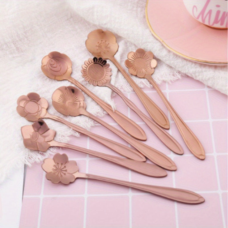 8pcs Flower Spoon Set Small Teaspoon Coffee Spoon Cute Ice Cream Dessert Honey Spoon Stainless Steel Kitchen Props