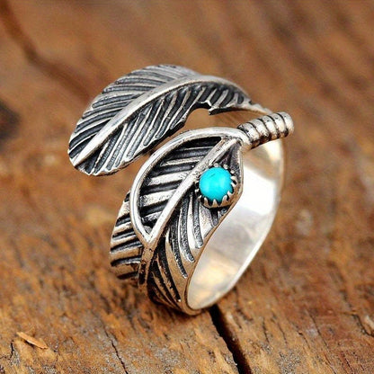 Vintage Feather Turquoise Open Ring Jewelry For Women