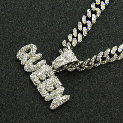 Full Diamond Alphabet Queen Pendant Necklace