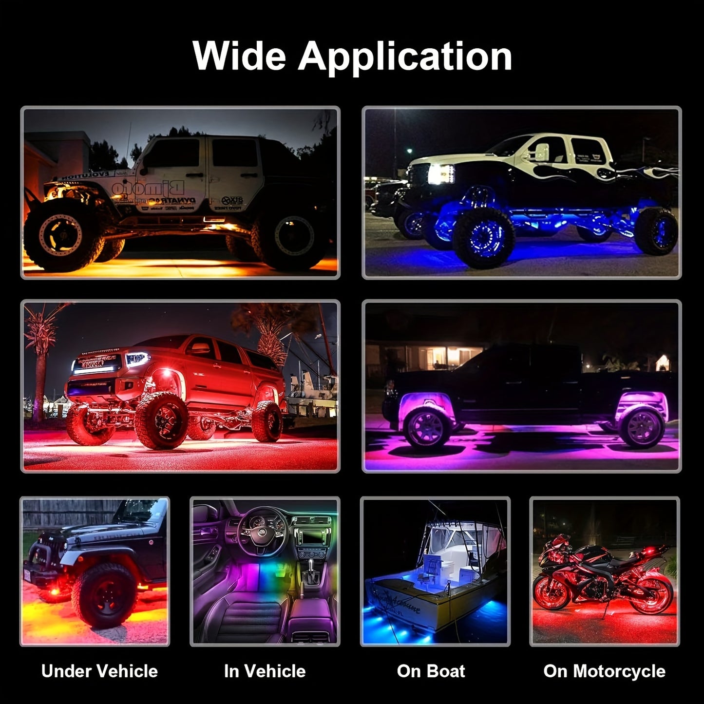 4-Pod Multicolor LED Rock Lights - Vibrant RGB Underglow Neon Lights with APP Control, Music Mode, Waterproof and Adjustable Mounting for Truck, Car, UTV, ATV, SUV, and Jeep