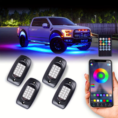 4-Pod Multicolor LED Rock Lights - Vibrant RGB Underglow Neon Lights with APP Control, Music Mode, Waterproof and Adjustable Mounting for Truck, Car, UTV, ATV, SUV, and Jeep