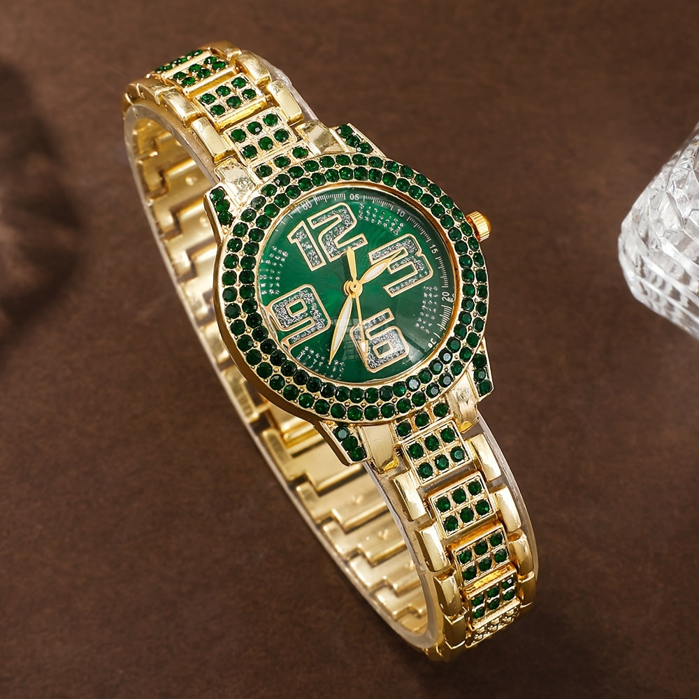 "Dazzling Digital" Luxury 6-Piece Women'S Fashion Set: Green Rhinestone Quartz Watch With Gold Band & Matching Jewelry - Perfect Gift For Her