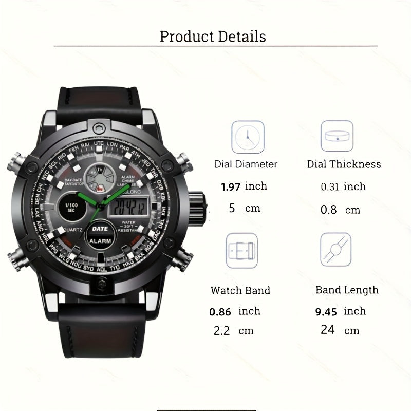 Dual-display Fashion Watch Leather Belt Men's Watch Multi-function Sports Electronic Watch Ideal Choice For Gifts