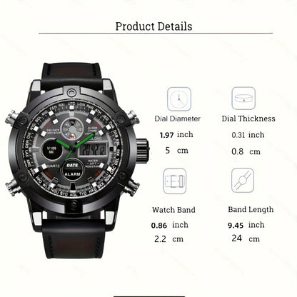 Dual-display Fashion Watch Leather Belt Men's Watch Multi-function Sports Electronic Watch Ideal Choice For Gifts
