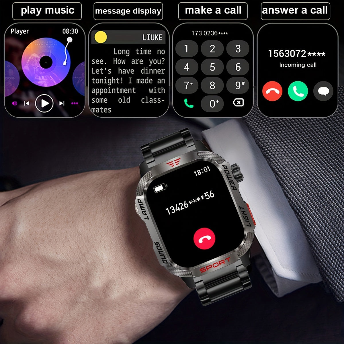 [600 Battery Smartwatch] Waterproof Rugged Outdoor Smartwatch | Receive/Make Call, For iPhone & Android, With LED Flashlight, Fitness, 600 Battery