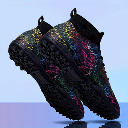 Men's Trendy Color Intrigue Striped TF Football Shoes With Collar, Professional Non Slip Durable Soccer Shoes For Outdoor Training Competition, All Seasons