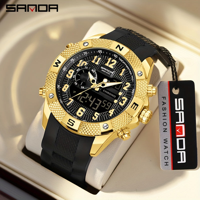 SANDA Men's Sports Watch, Analog Digital LED Electronic Quartz Men's Watch, Waterproof Alarm Stopwatch Countdown Week Multi-function Wristwatch Men's Birthday Holiday Gift 3308