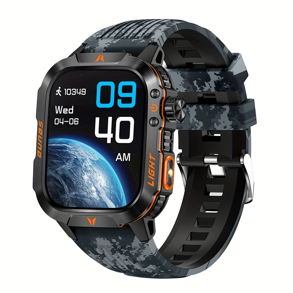 Outdoor smart watch, wireless calling, sports watch, compass, altimeter, barometer, LED flashlight, IP68, pedometer, fitness tracker, multimedia information viewing, weather 100+ sports modes, suitable for Android iPhone, Men