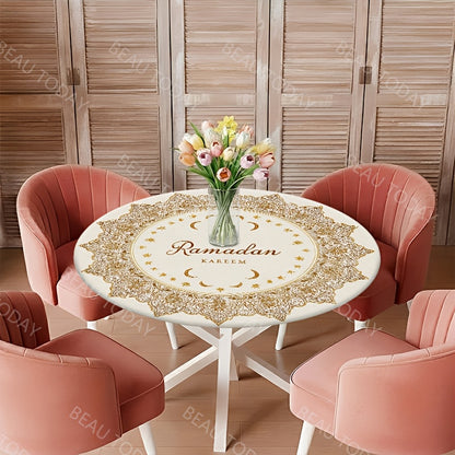 1pc, Ramadan Kareem Polyester Round Elastic Tablecloth, Golden Geometric Frame, Eid Mubarak Decoration Outdoor Farmhouse Tablecloth, Restaurant Kitchen, Ramadan Mubarak Eid Al-Fitr Decorations Holiday Party, Home Decoration_Y