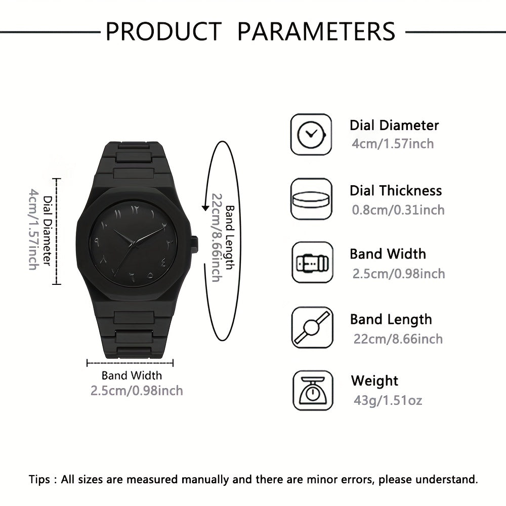 4pcs Men's Luxury Quartz Watch & Accessory Gift Set - Black Modern Polygonal Dial Analog Watch with Black Dial & White Hands, Black Strap, Matching Necklace & Ring - Battery-Powered Quartz Movement, Ideal Christmas/Birthday G