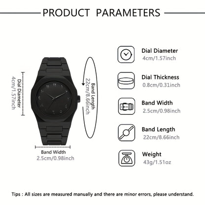 4pcs Men's Luxury Quartz Watch & Accessory Gift Set - Black Modern Polygonal Dial Analog Watch with Black Dial & White Hands, Black Strap, Matching Necklace & Ring - Battery-Powered Quartz Movement, Ideal Christmas/Birthday G