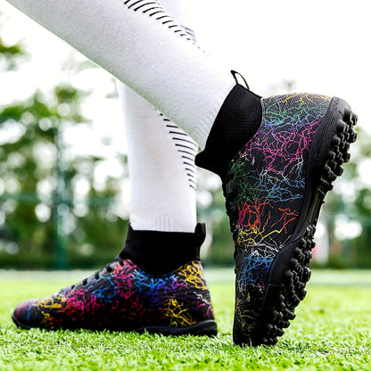 Men's Trendy Color Intrigue Striped TF Football Shoes With Collar, Professional Non Slip Durable Soccer Shoes For Outdoor Training Competition, All Seasons