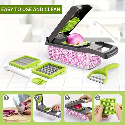 1 Set, 16in1 Vegetable Chopper, Multifunctional Fruit Slicer, Manual Food Grater, Vegetable Slicer, Cutter With Container And 8 Blades, Onion Mincer Chopper, Household Potato Shredder, Kitchen Stuff, Kitchen Gadgets, Dorm Ess