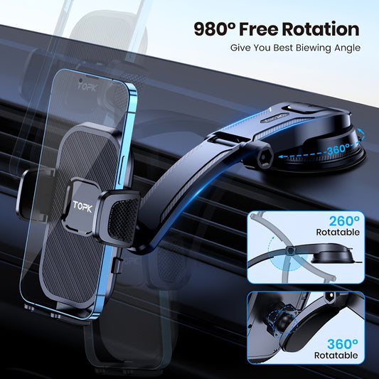 TOPK D38-C Car Phone Holder - Adjustable Horizontal and Vertical Mount for Car Dashboard, Compatible with All Phones, Upgraded Cell Phone Holder for Easy Viewing and Navigation