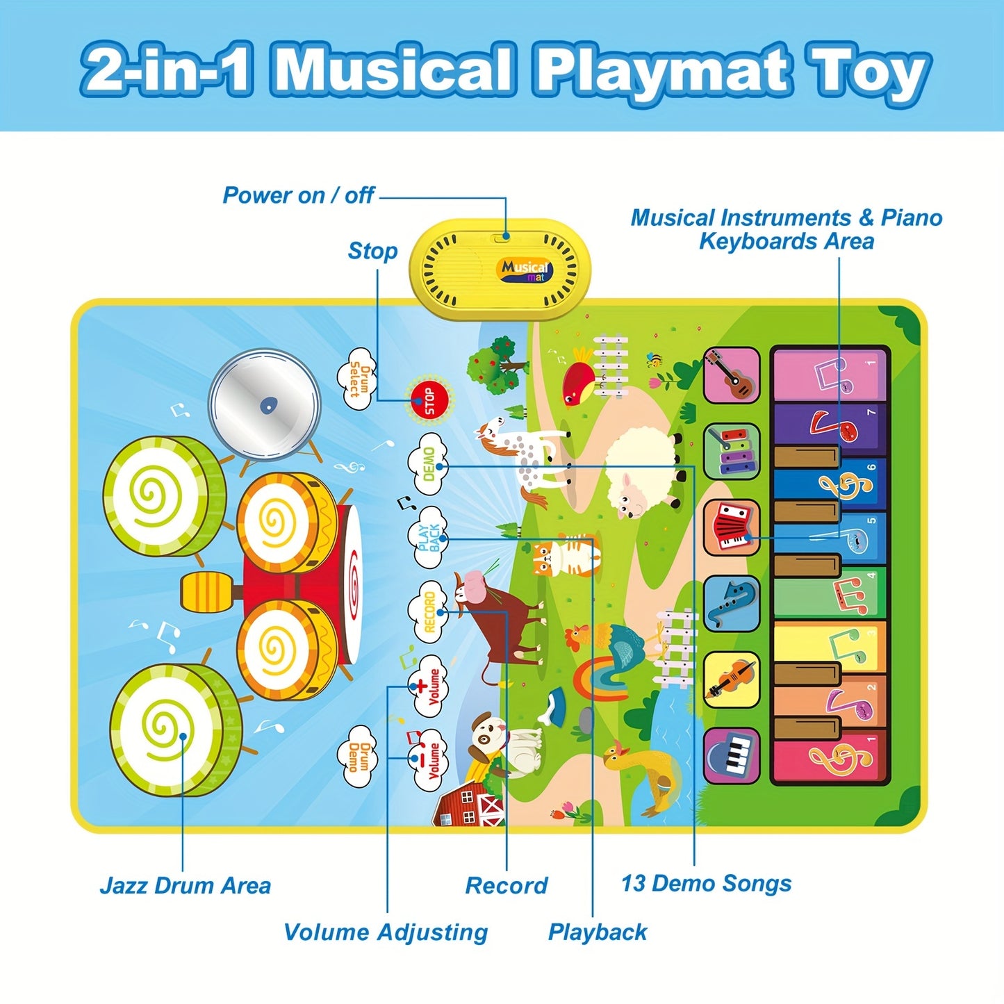 Musical Toys With 8 Animal Sounds, Musical Mat With Piano Keyboard & Drum Set With 2 Sticks, 3 Instrument Sounds/13 Demo, Interactive Toy, Birthday/Christmas Gifts, Gaming Gift