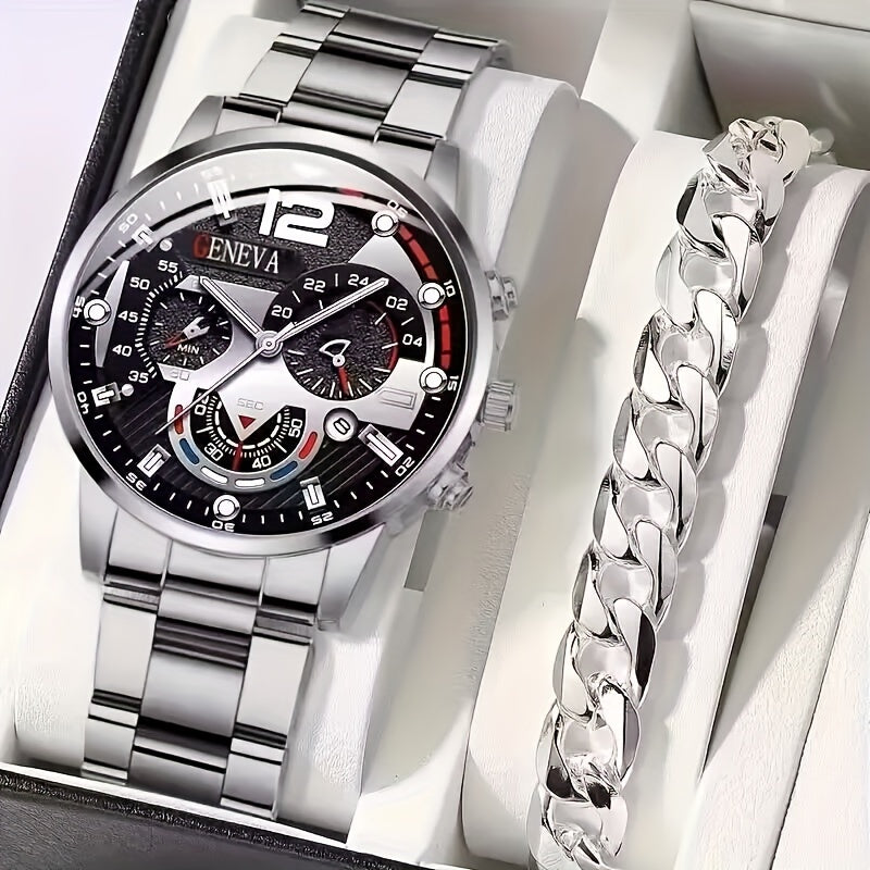 2pcs/set Luxury Men's Business Sports Watch - Date Display, Quartz Movement, Stainless Steel Band, Water Resistant, Elegant Analog Dial, Perfect Valentines Ramadan Gift for Him, Ideal for Formal and Casual Occasions