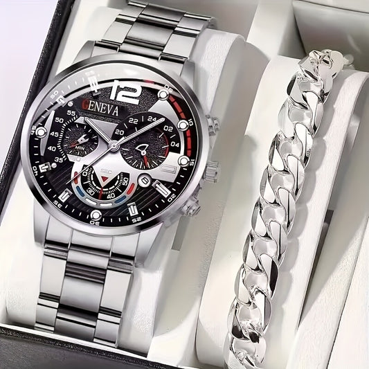 2pcs/set Luxury Men's Business Sports Watch - Date Display, Quartz Movement, Stainless Steel Band, Water Resistant, Elegant Analog Dial, Perfect Valentines Ramadan Gift for Him, Ideal for Formal and Casual Occasions