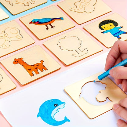 20pcs Wooden Drawing Stencils Kit, Drawing Board Toys Coloring Puzzle Arts Crafts Set, Educational Toys